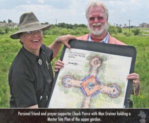 Max Greiner and Chuck Pierce holding the site plan for the Upper Garden